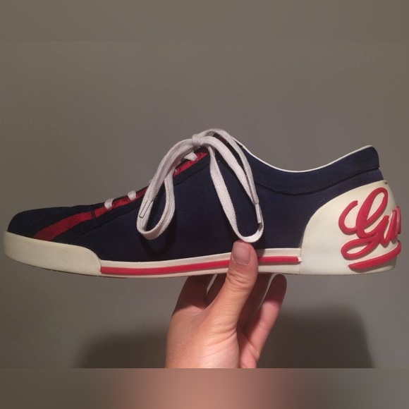 Gucci Blue Suede Script Logo Lace Up Low Sneakers Shoes size 8.5 - Picture 9 of 16